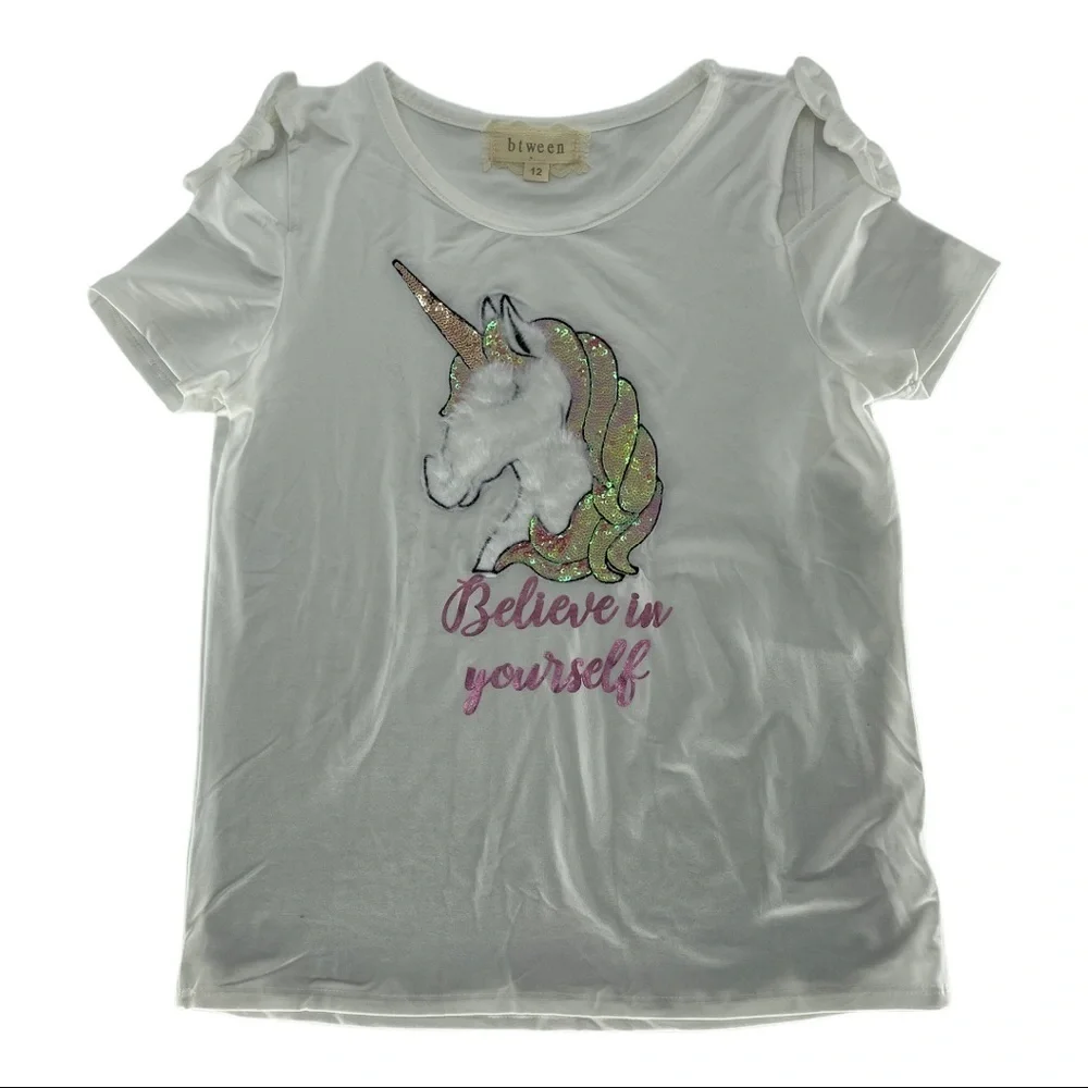 btween Unicorn Sequin Cold Shoulder Top Size 12 - Picture 3 of 8